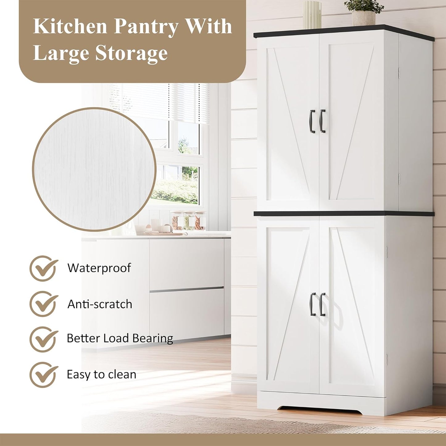Kitchen Pantry Storage Cabinet with Barn Doors, Drawer and Adjustable Shelves, 6-Tier Tall Rustic Wood Cupboard Locker for Kitchen, Dining Room, Living Room, Bathroom, (White)