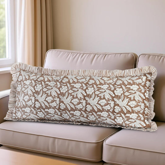Block Print Oak Brown 36"X14" Set 1-100% Cotton Ruffle Lumbar Sham Cover Boho Floral Pillowcase, Farmhouse Cottagecore Bedding, Soft Decorative Cover Gift for Spring, Easter, Valentine