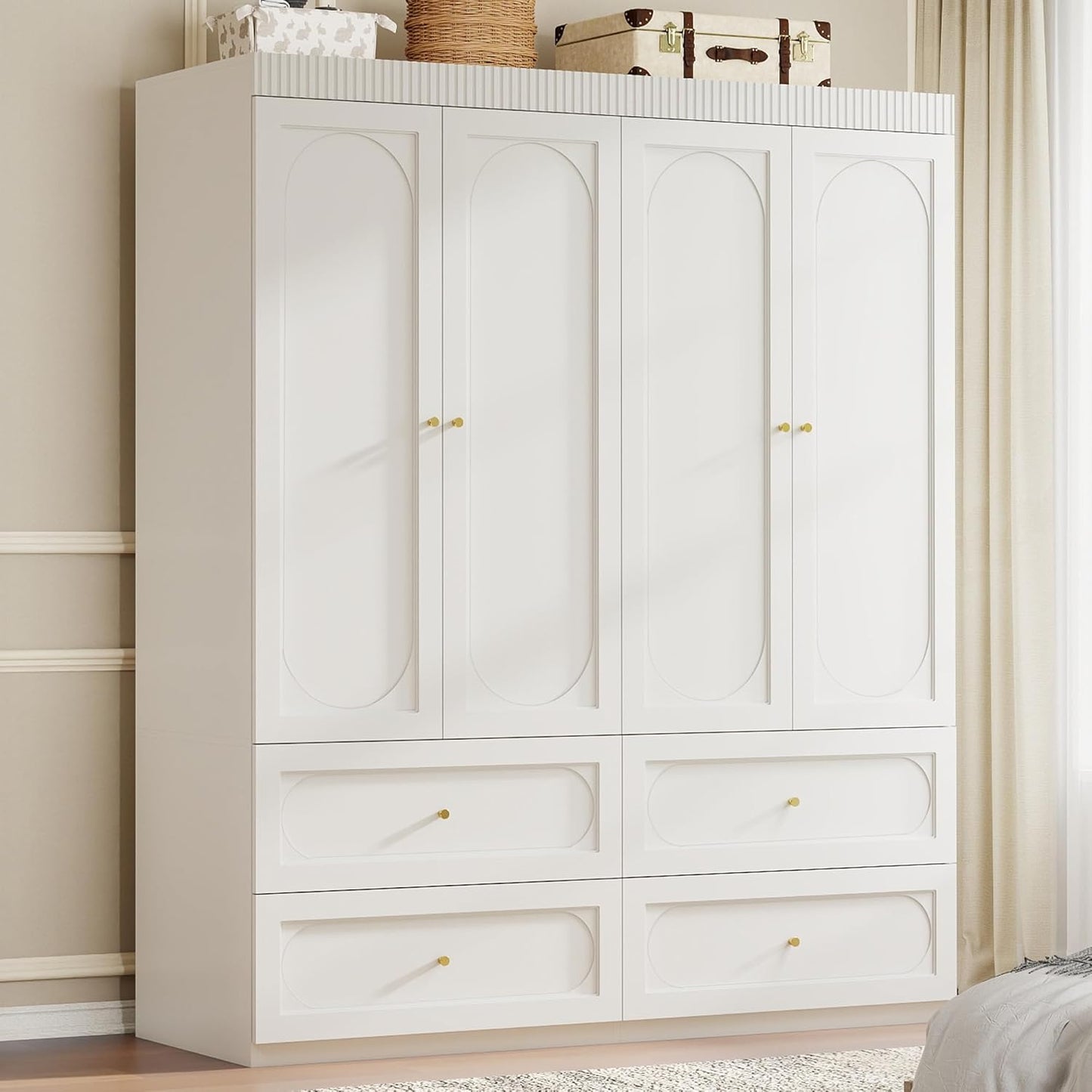 White Armoire Wardrobe Closet: 74" Large Wardrobe Closet with 4 Drawers, 4 Door Armoire Wardrobes for Hanging Clothes, Modern Wooden Closets for Bedroom (White)