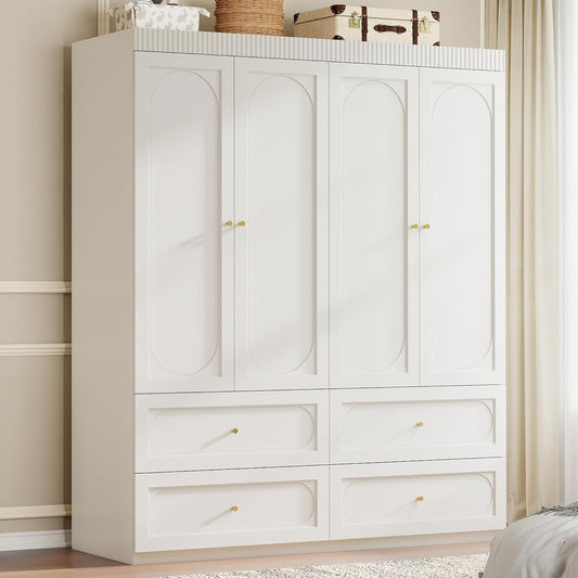 White Armoire Wardrobe Closet: 74" Large Wardrobe Closet with 4 Drawers, 4 Door Armoire Wardrobes for Hanging Clothes, Modern Wooden Closets for Bedroom (White)