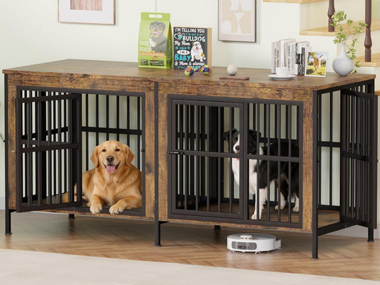 88" Dog Crate Furniture for 1 or 2 Dogs, Heavy Duty Double Dog Crates for Medium/Large Dogs, Indoor Dog Kennel Furniture as TV Stand, Large Wooden Cage with 4 Doors