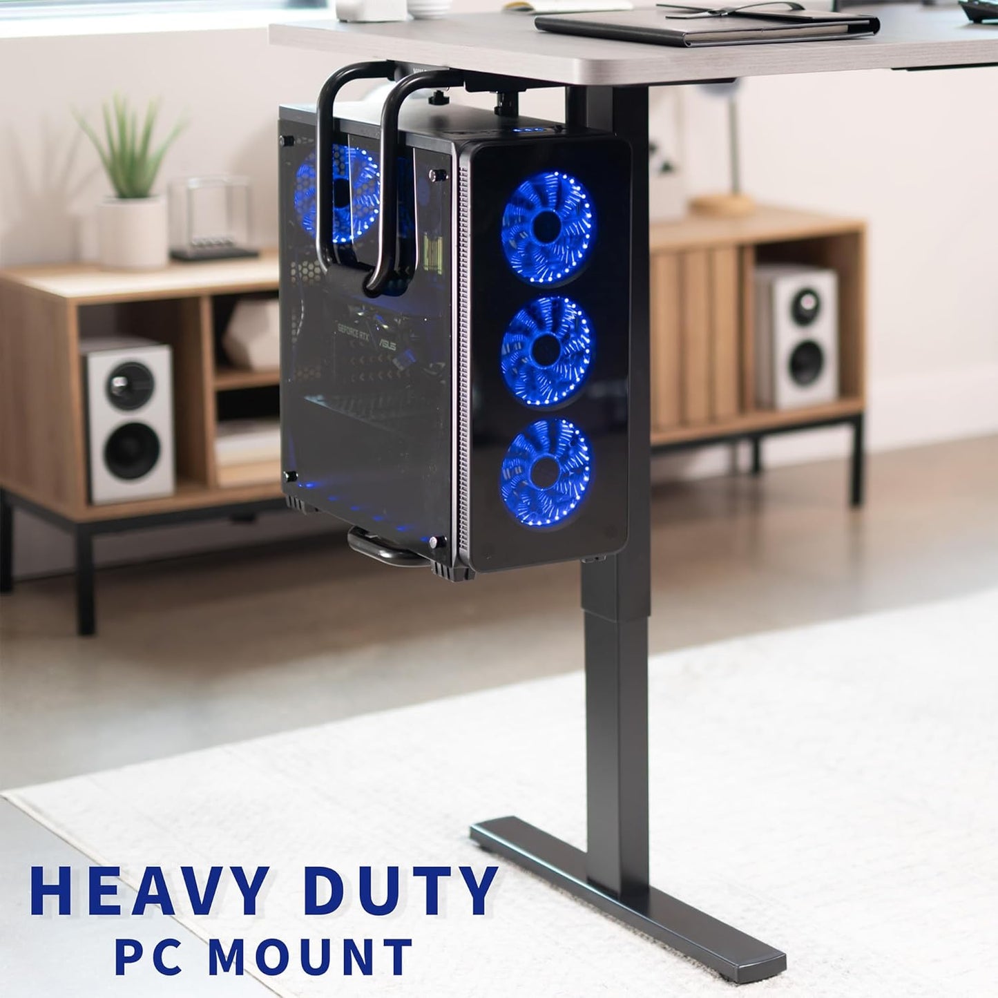 Heavy Duty Adjustable Under-Desk PC Mount, Home and Office Computer CPU Holder with Secure Locking, Supports up to 66 Lbs, Black, MOUNT-PC04B