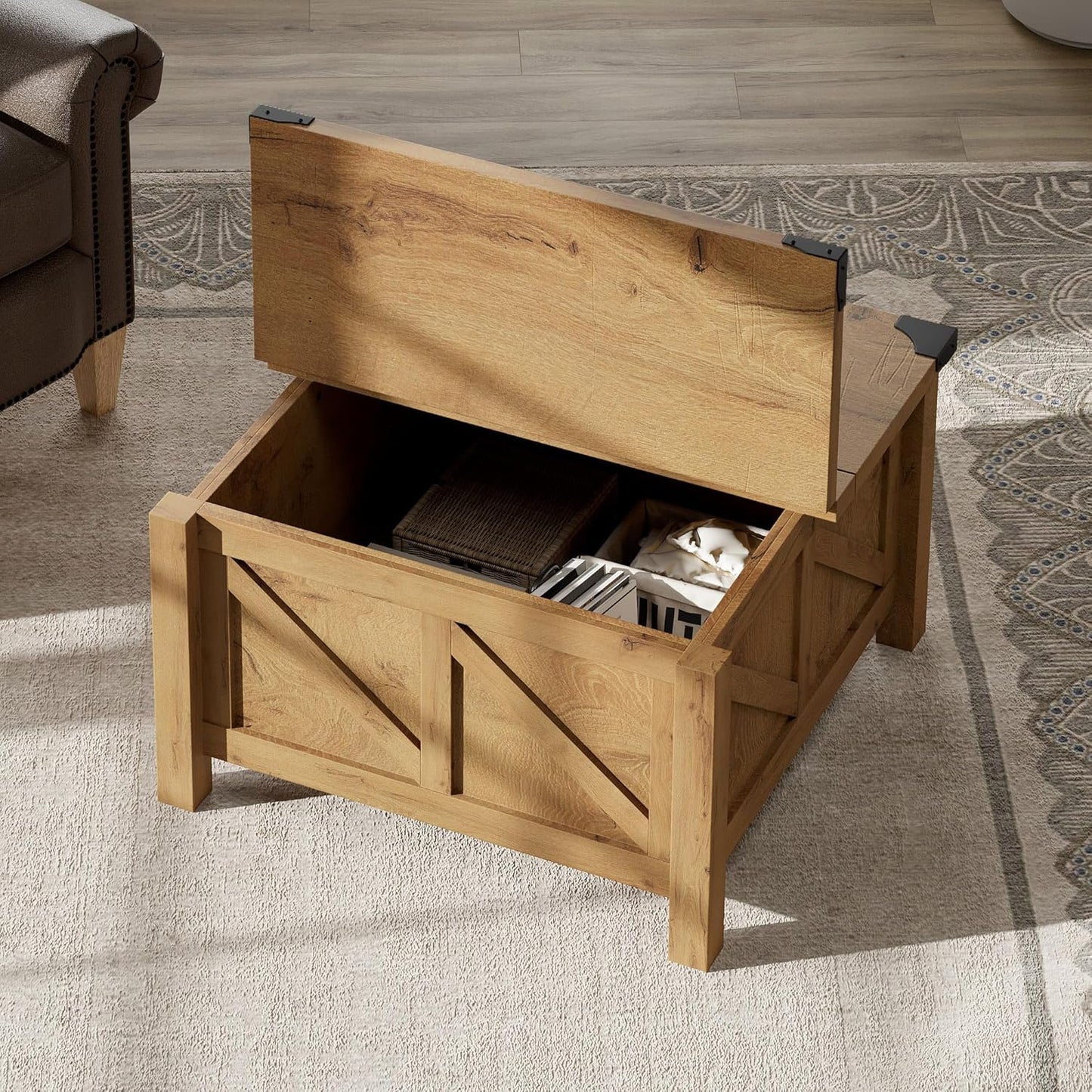 Square Farmhouse Coffee Table with Storage for Living Room, 30X30 Inch Wooden Dining Center Table with Gas Spring Flip-Top for Large Hidden Storage, Metal Wrapped Table Corners,Oak