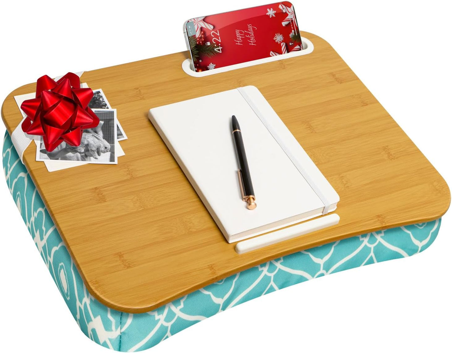 Designer Lap Desk with Phone Holder and Device Ledge - Aqua Trellis - Fits up to 15.6 Inch Laptops - Style No. 45422