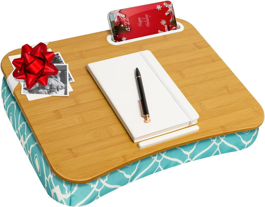 Designer Lap Desk with Phone Holder and Device Ledge - Aqua Trellis - Fits up to 15.6 Inch Laptops - Style No. 45422