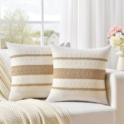 Set of 2 Boho Neutral Decorative Throw Pillow Cover 18X18 Inch for Couch Bed Sofa, Aesthetic Modern Organic Farmhouse Home Decor, Soft Cotton Cute Accent Macrame Woven Tan Cushion Case