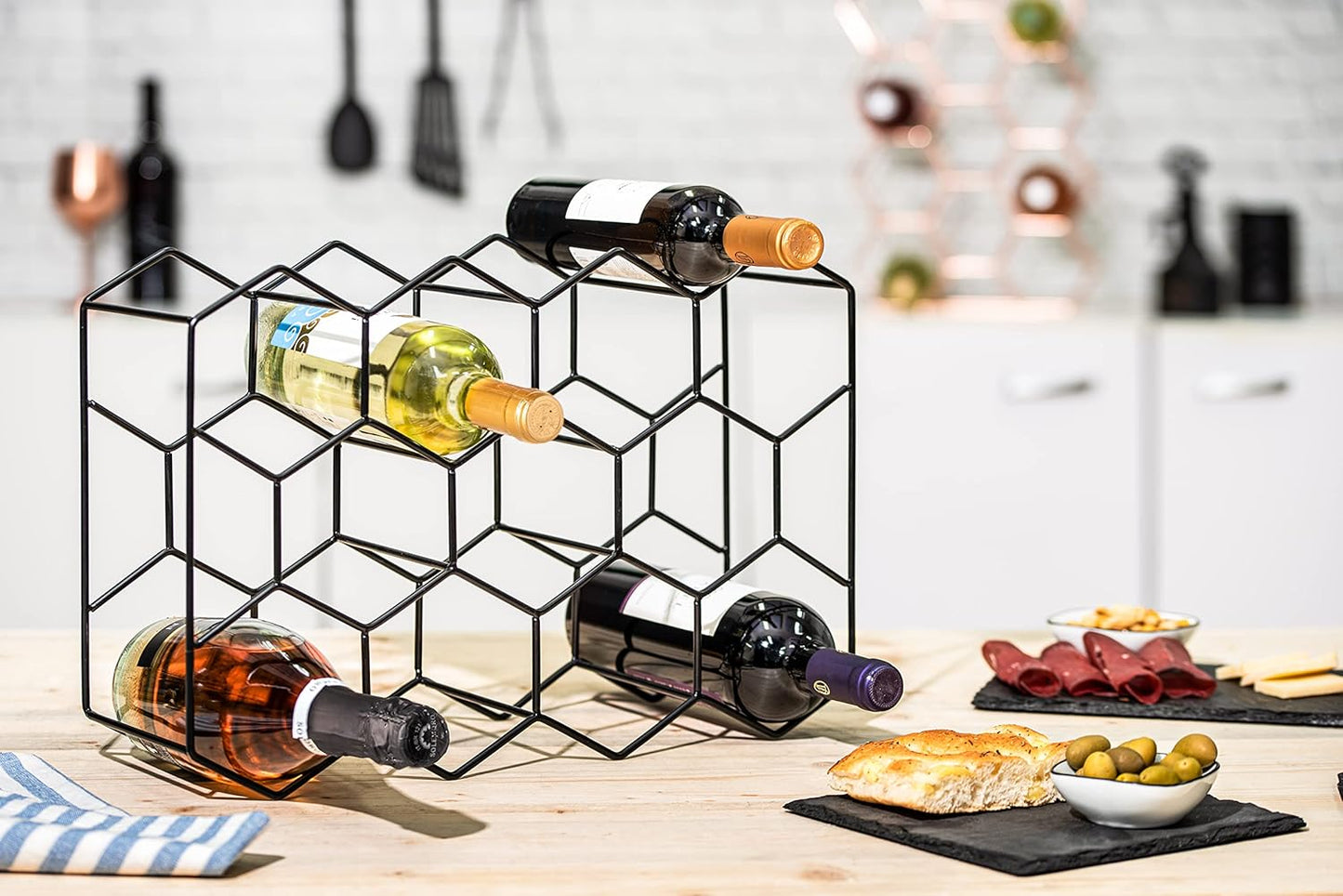 Countertop Wine Rack - 14 Bottle Freestanding Modern Black Metal Small - 3 Tier Tabletop Wine Holder Stand for Cabinet, Pantry - Wine Racks Countertop - No Assembly Required