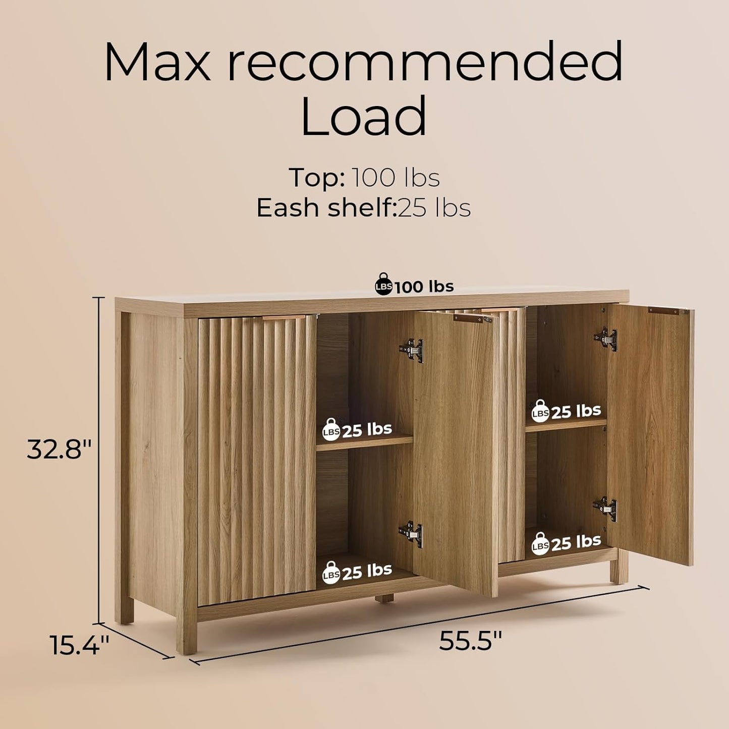 Buffet Cabinet Fluted Sideboard 56" Accent Cabinet with Adjustable Shelves 4 Doors Modern Storage Credenza for Living Room Kitchen Hallway,Golden Oak