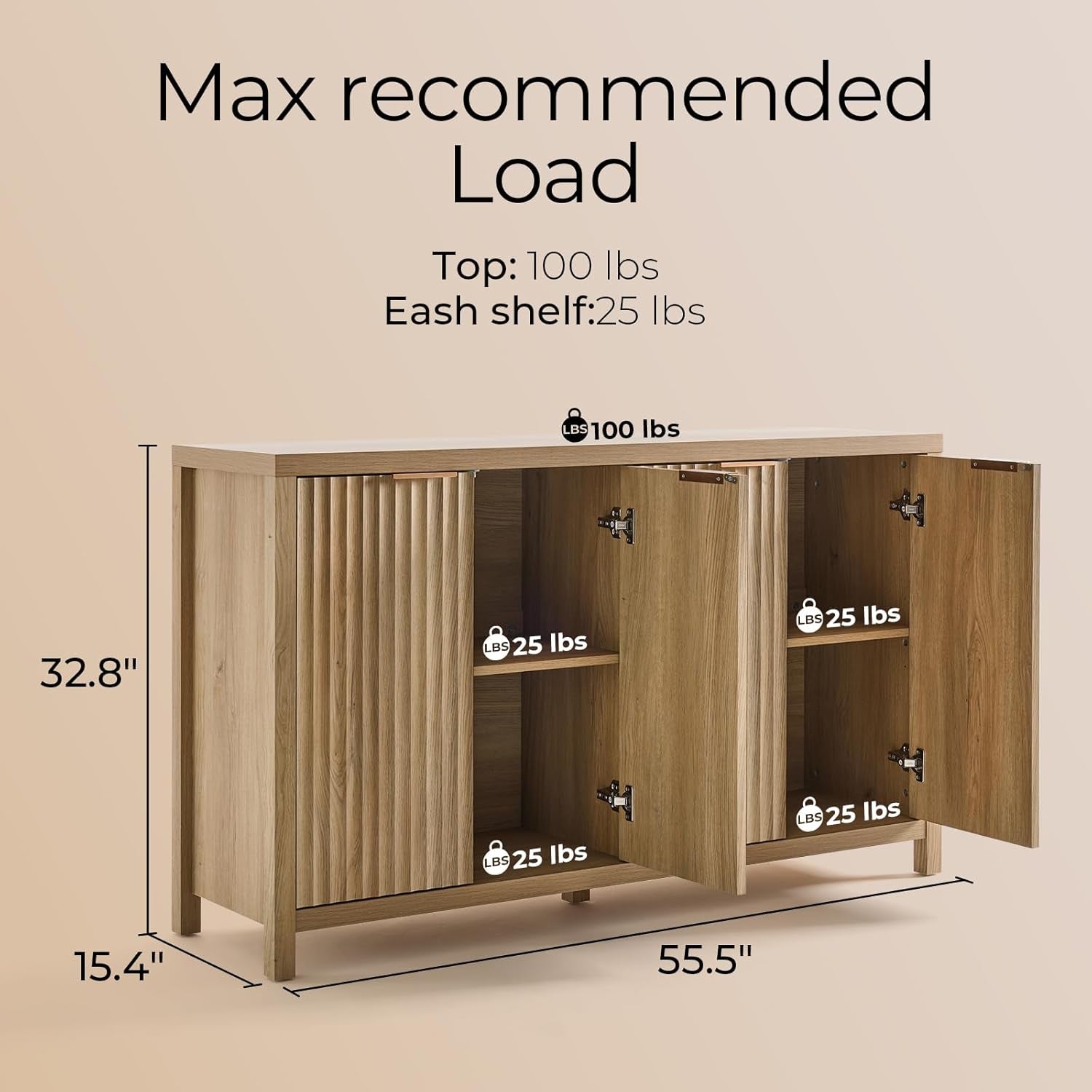 Buffet Cabinet Fluted Sideboard 56" Accent Cabinet with Adjustable Shelves 4 Doors Modern Storage Credenza for Living Room Kitchen Hallway,Golden Oak
