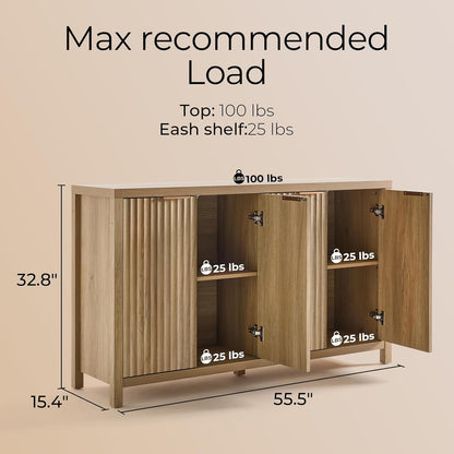 Buffet Cabinet Fluted Sideboard 56" Accent Cabinet with Adjustable Shelves 4 Doors Modern Storage Credenza for Living Room Kitchen Hallway,Golden Oak