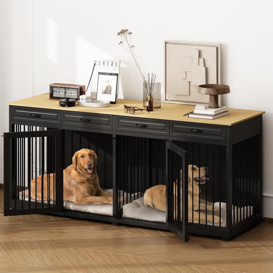 86.6" Large Double Dog Crate Furniture, XXL Wooden Dog Crate Kennel Furniture with Divider and 4 Drawers, Dog Crates Furniture for 2 Large Dogs Indoor, Black