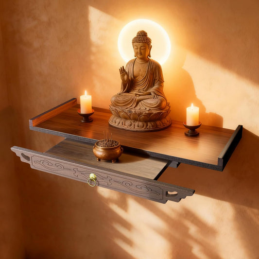 26" Wall-Mounted Altar Shelf, Supports up to 100 Lbs, with Extendable Drawer Bamboo Wall Altar, Antique-Style Carved Buddhist Altar for Incense and Pray