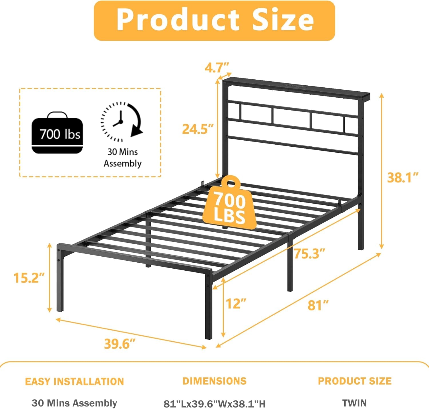 Twin Bed Frames with Built-In Charging Station and LED Light, Metal Platform Bed with Headboard and Storage Shelf, Noise-Free, No Box Spring Needed, Black