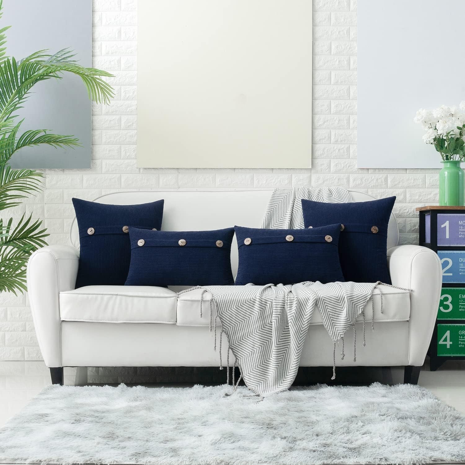 Navy Blue Chenille Throw Pillow Covers 18X18 Inch with Triple Buttons, Soft Farmhouse Accent Decorative Cushion Cases for Couch Sofa Bed Living Room Pack of 2