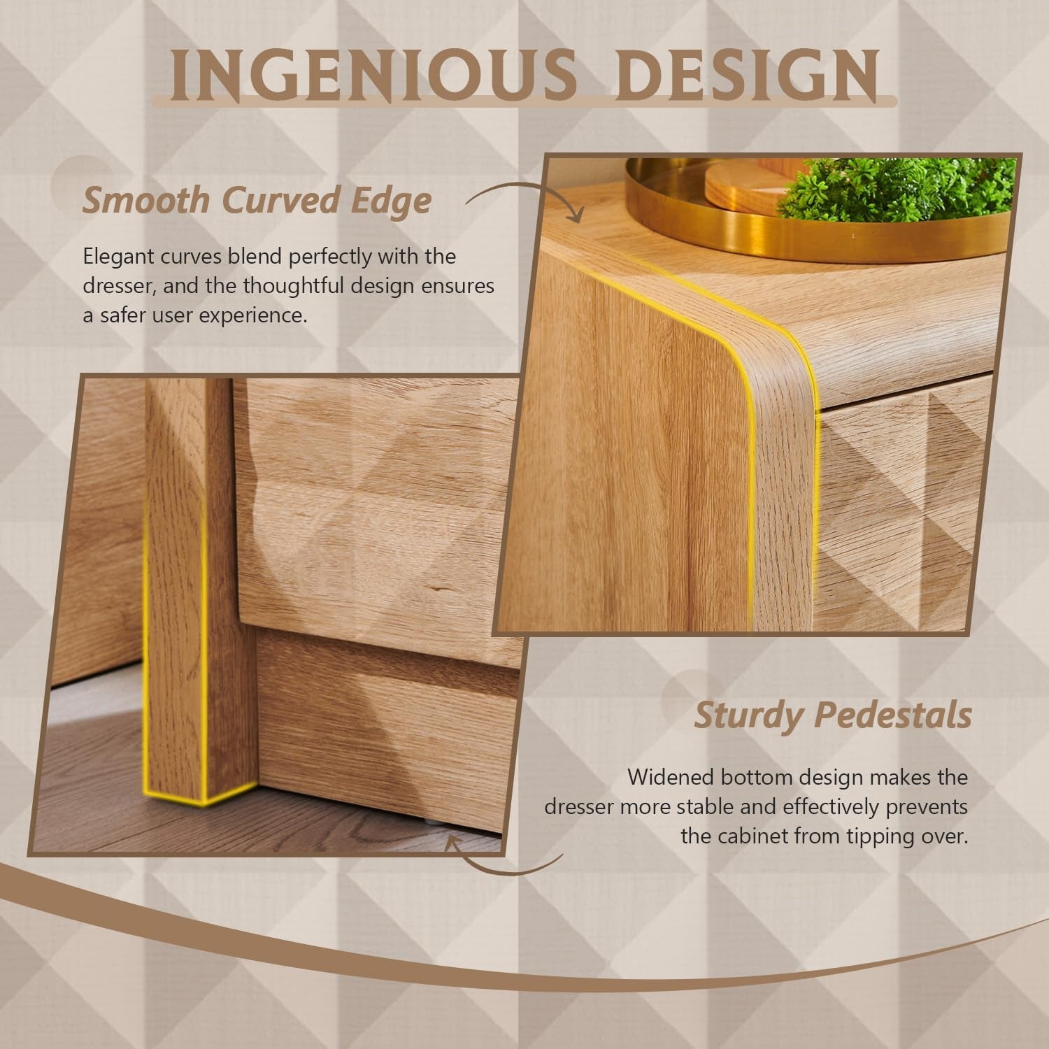 Modern 8 Drawer Dresser for Bedroom, Wooden Large Dressers &Chests of Drawers W/Two Different Drawer Sizes, Mid Century Modern Dresser W/Diamond Panel Decorate for Bedroom, Curved Profile Design,Black