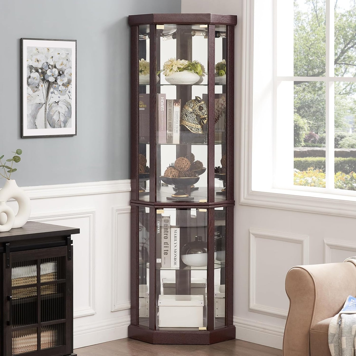 69" H Lighted Corner Curio Cabinet Display Case with Adjustable Shelves, Tempered Glass, Mirrored Back Panel for Living Room (Dark Cherry)