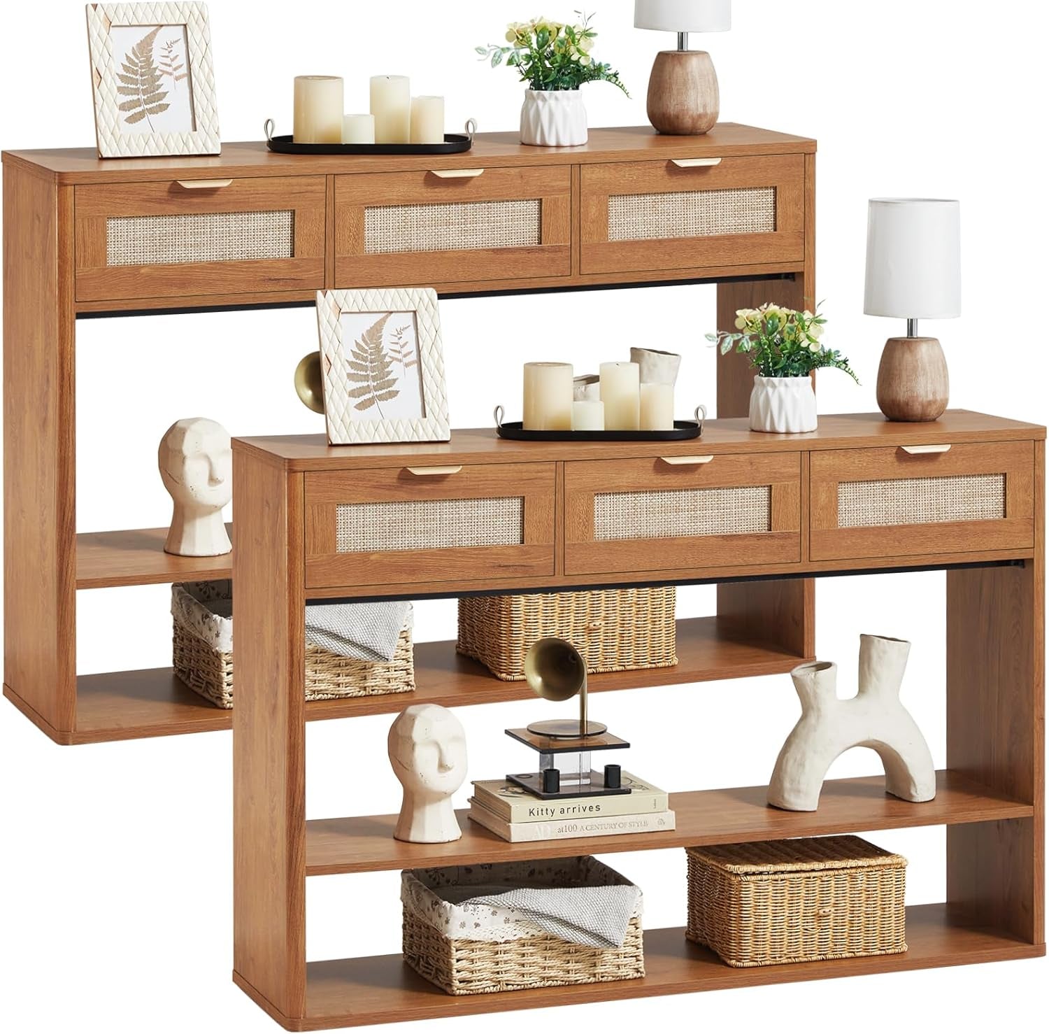 48" Boho Rattan Console Table with 3 Drawers Set of 2,Wooden Entryway Table with Open Storage Shelf, 3 Tier Narrow Long behind Couch Sofa Tables for Living Room, Hallway, Foyer, Brown