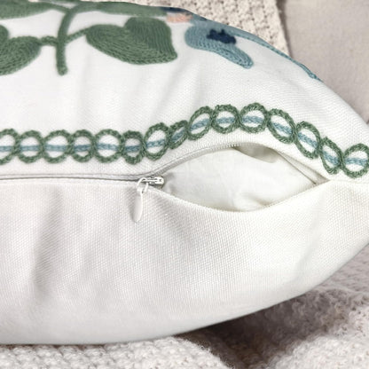 Summer Floral Embroidered Decorative Throw Pillow Covers 18"X 18" Set of 2, Farmhouse Navy Blue Flowers Green Leaves Tufted Patterned Cotton Cushion Cases for Couch Bed Living Room Decor