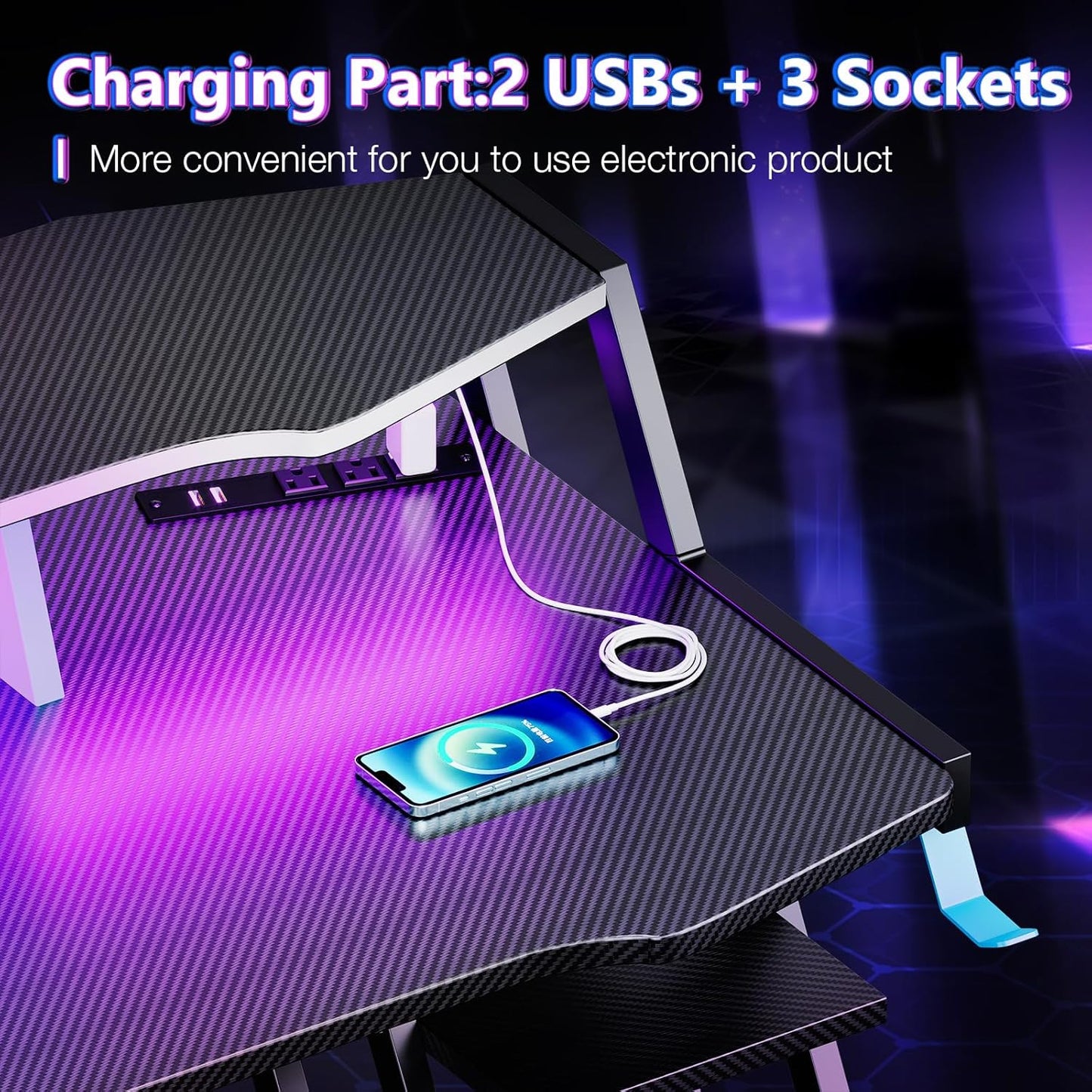 Gaming Desk with Power Outlet & LED Lights, Computer Desk 48 Inch with PC Storage Shelf, Gaming Table with Carbon Fiber Texture, Gamer Desk, Gift for Boys Men, Black