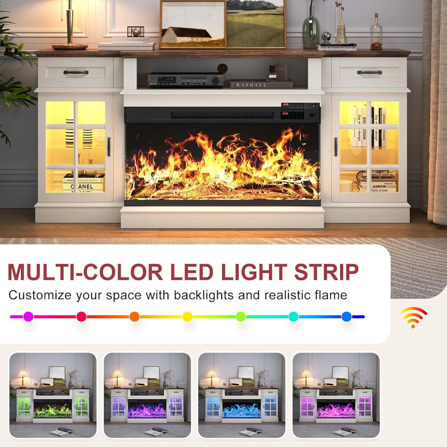 70" Fireplace TV Stand with 3-Sided Glass Fireplace, Modern Wood Entertainment Center with LED Lights and Glass Door, 36" Fire Place TV Stands for Living Room, White