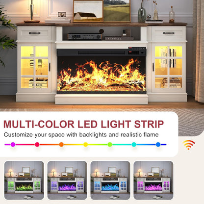 70" Fireplace TV Stand with 3-Sided Glass Fireplace, Modern Wood Entertainment Center with LED Lights and Glass Door, 36" Fire Place TV Stands for Living Room, White