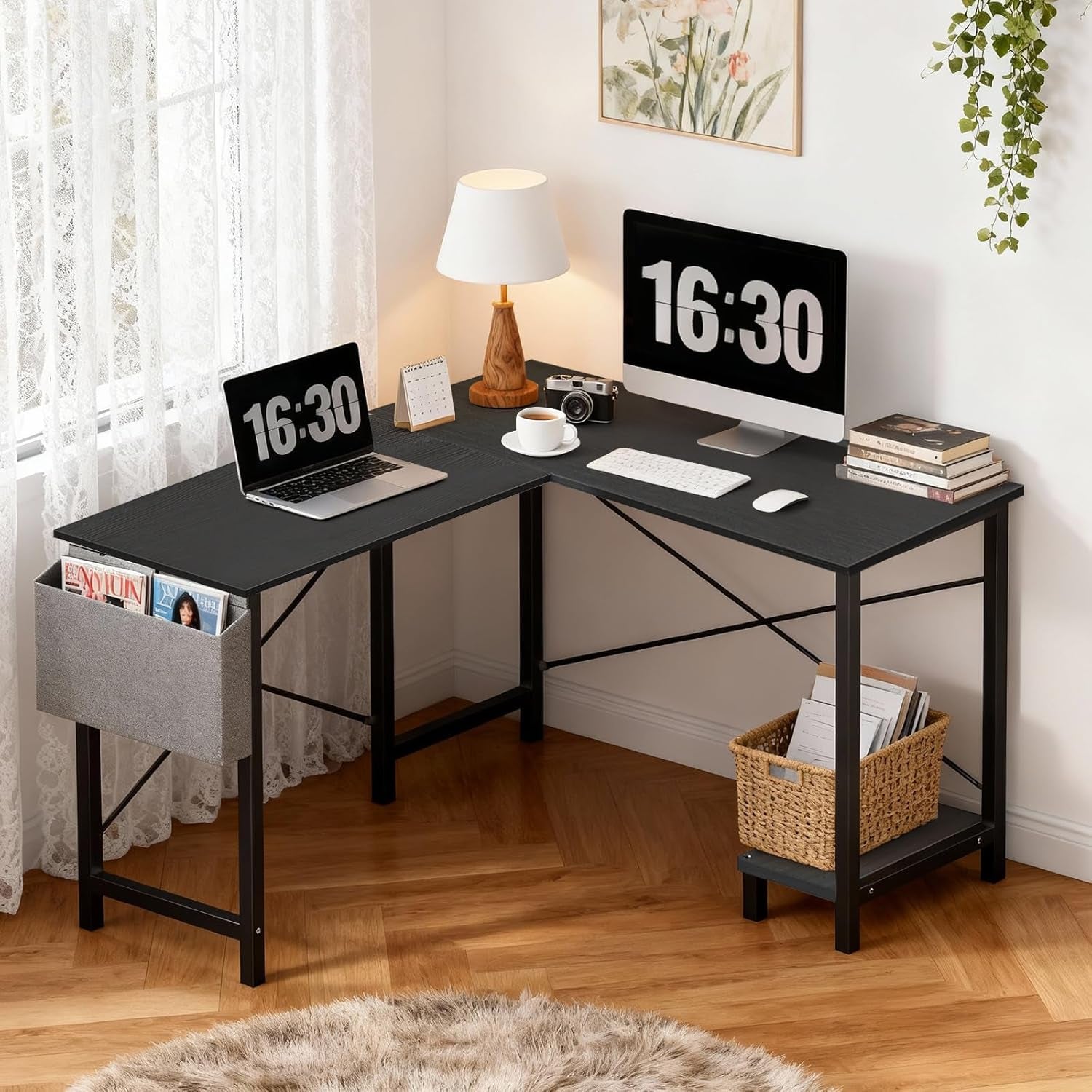 L Shaped Desk, 50-Inch Office Computer Gaming Desks Corner PC Table with Side Bag and Reversible Shelf for Home Work Study Writing Black