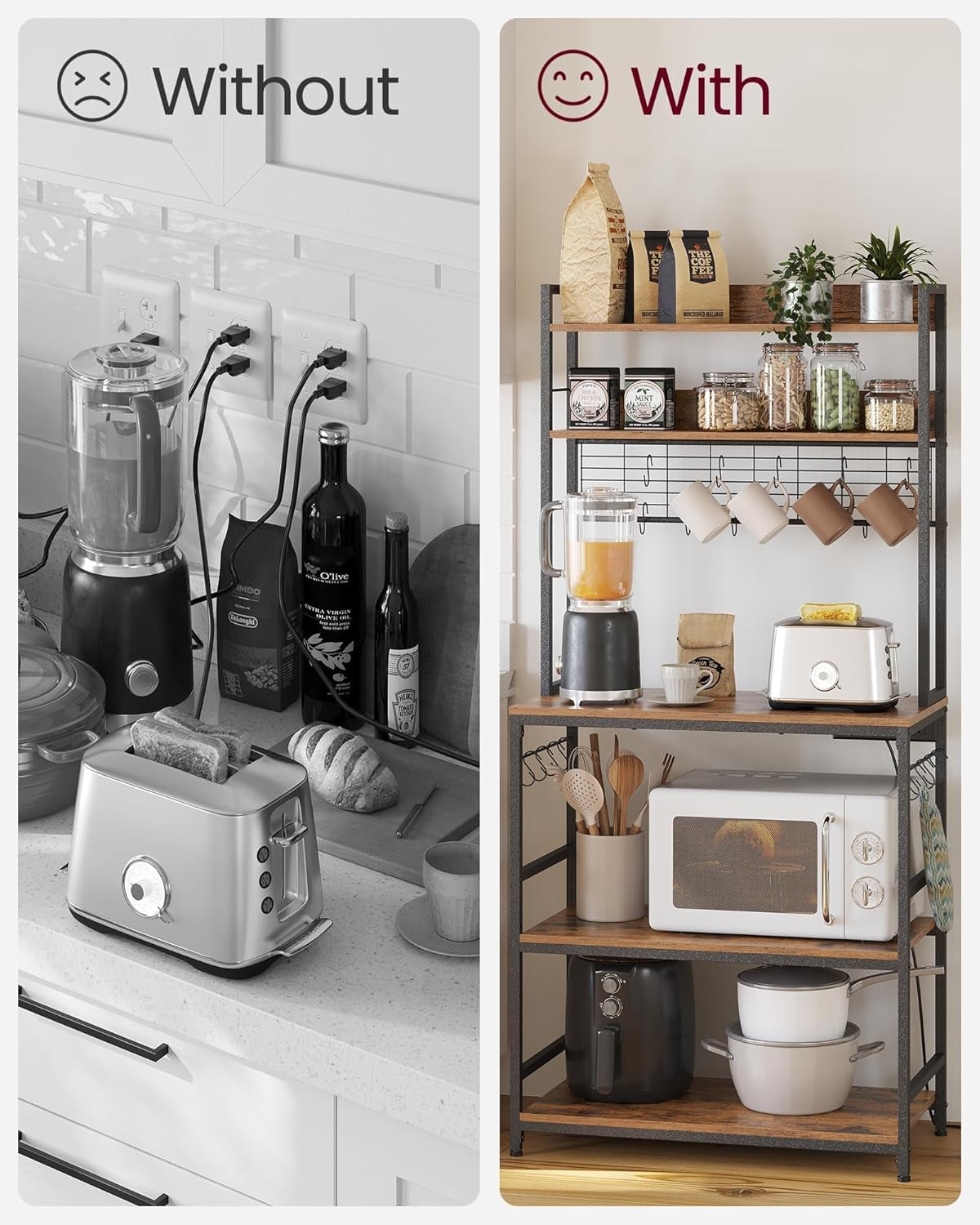 Hutch Bakers Rack with Power Outlet, 14 Hooks Microwave Stand, Adjustable Coffee Bar with Metal Wire Panel, Kitchen Storage Shelf, 15.7 X 39.4 X 66.9 Inches, Rustic Walnut and White UKKS038W41