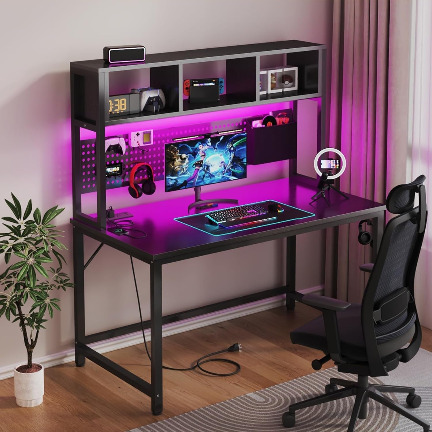 Black Gaming Desk with Hutch and Pegboard - 47 Inch Gaming Desk with Shelves Storage Power Outlets, Computer Teen Work Study Writing Desks for Bedroom Home Office