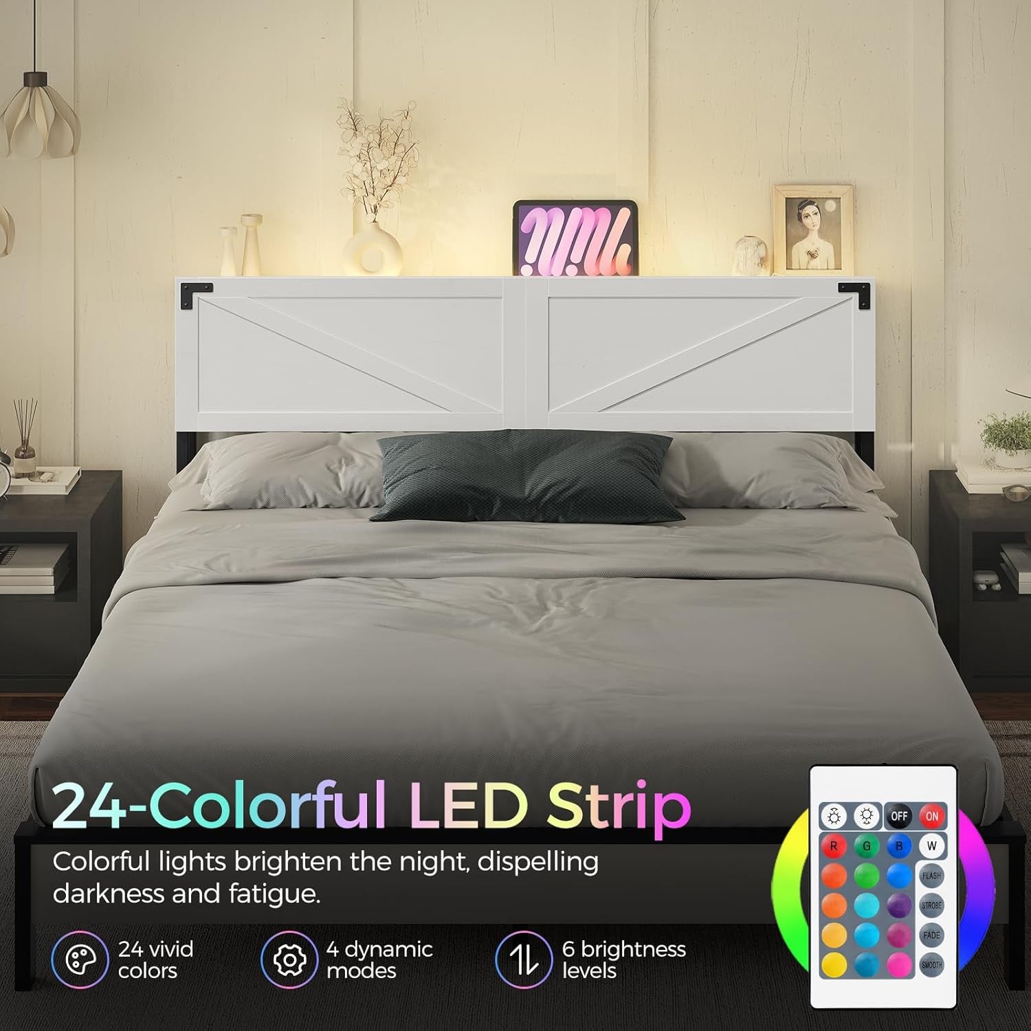 Queen Size Headboard Only, Headboard with 2 Outlets and 4 USB Ports, Farmhouse Headboard, with LED Lights, Secure Storage with Raised Fence, with Bed Frame Adapter, White and Black