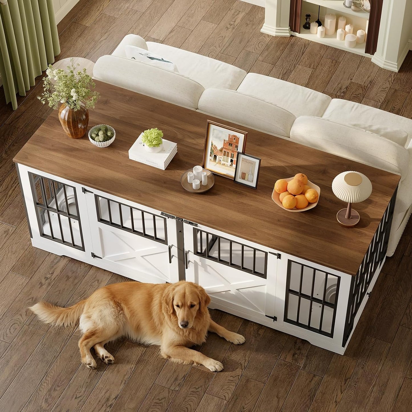 72'' Dog Crate Furniture for 2 Dogs, Extra Large Farmhouse Dog Kennel with Removable Divider, Pull-Out Dog Bowls, Heavy Duty Dog Crate TV Stand, White and Walnut BWH82GW03