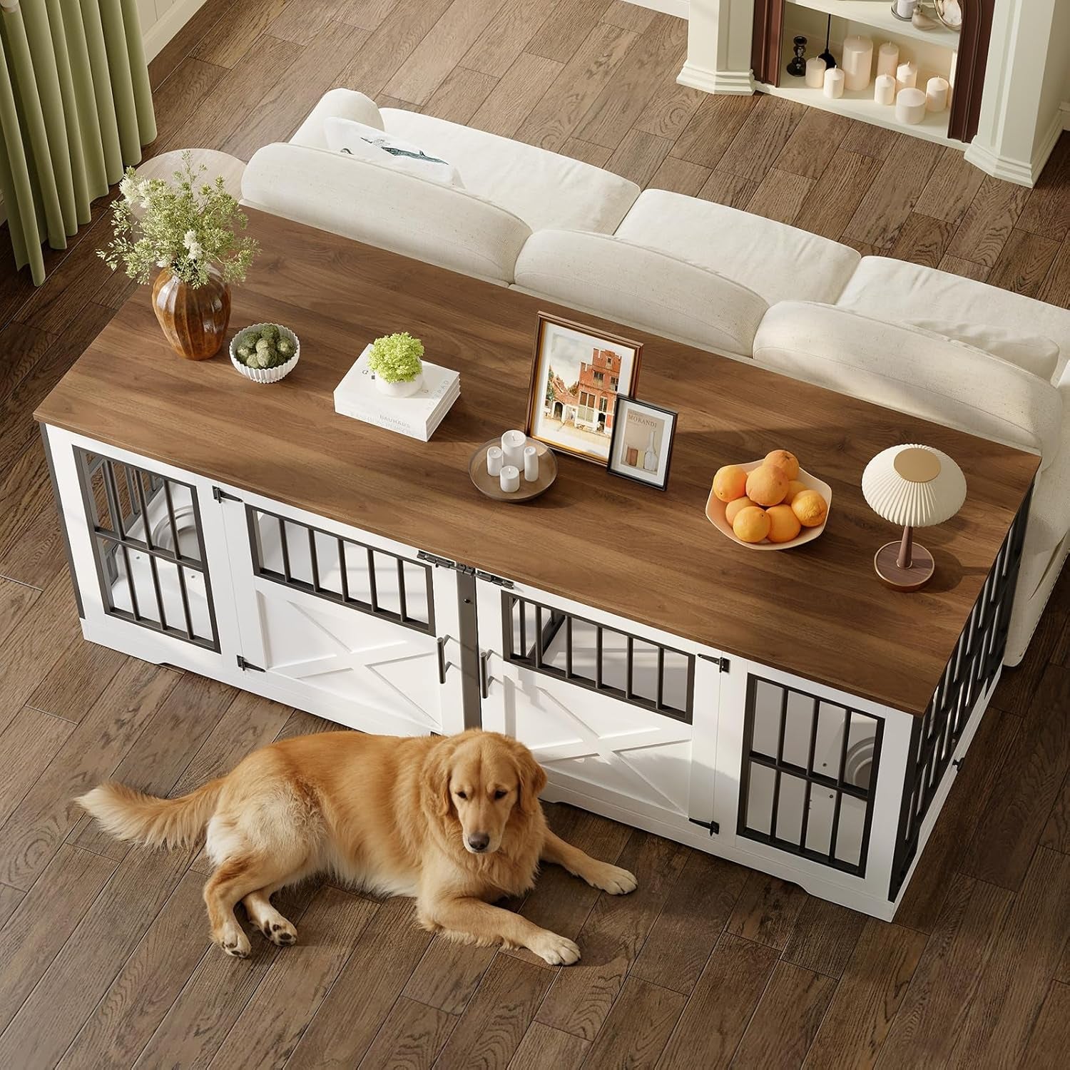 72'' Dog Crate Furniture for 2 Dogs, Extra Large Farmhouse Dog Kennel with Removable Divider, Pull-Out Dog Bowls, Heavy Duty Dog Crate TV Stand, White and Walnut BWH82GW03