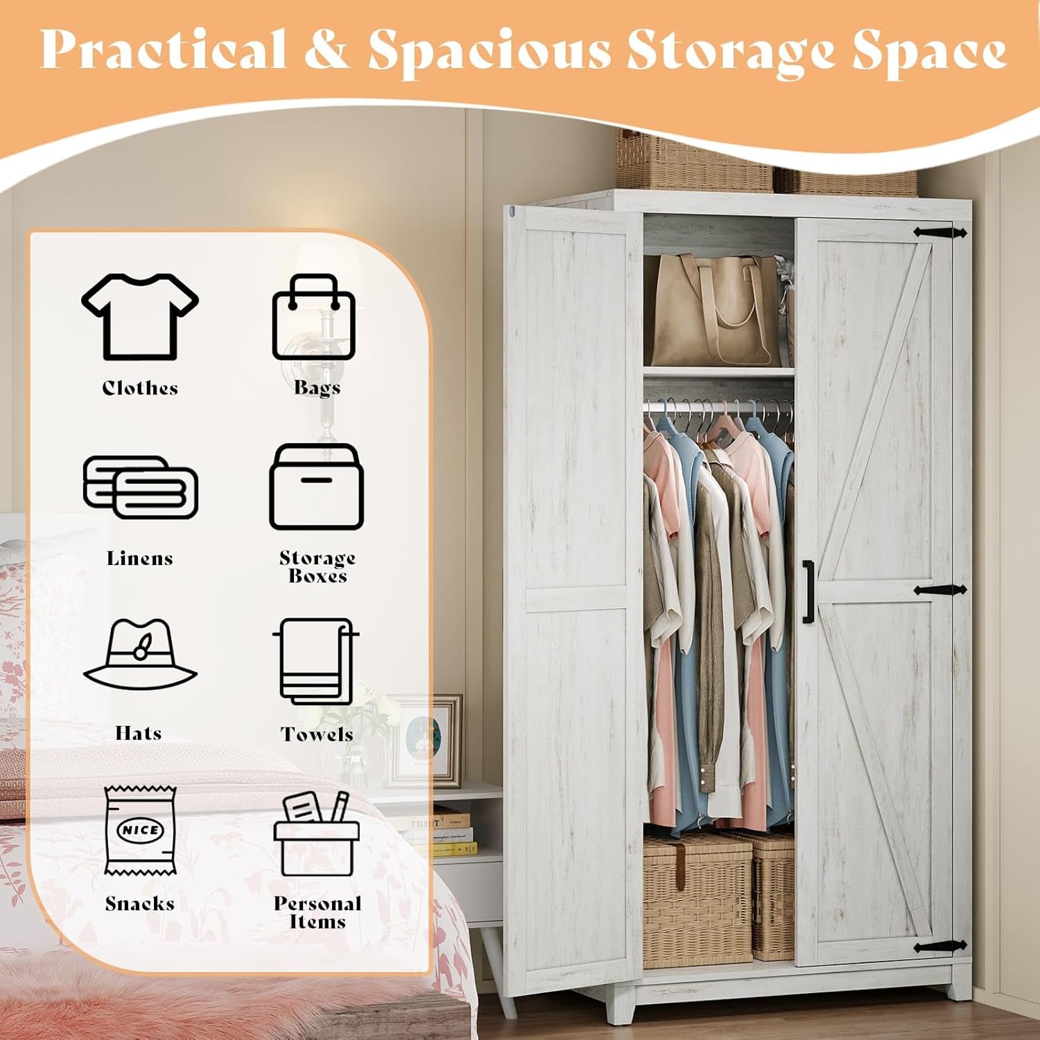Farmhouse Armoire Wardrobe Closet with 2 Barn Doors, 71'' Storage Cabinet with Hanging Rod & Shelf, Versatile Clothing Storage for Bedroom, Distressed White