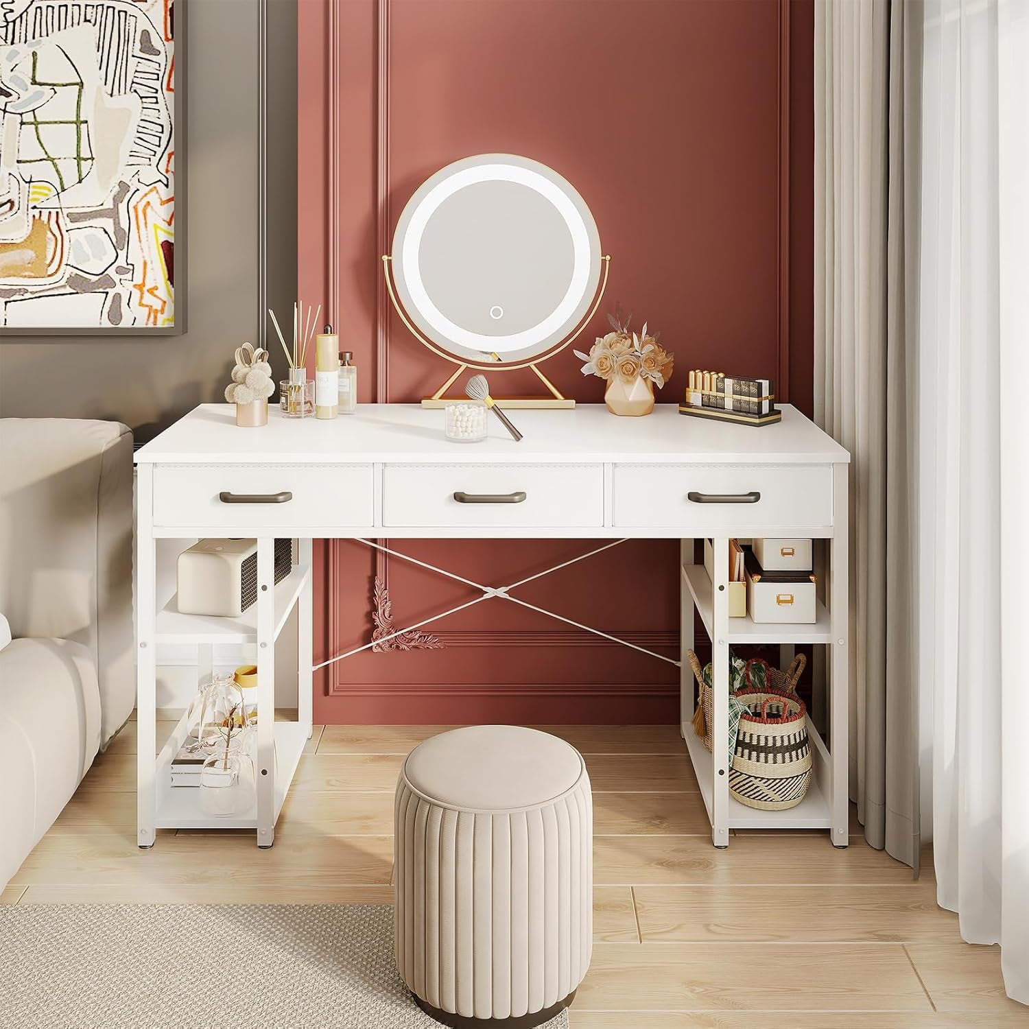 Office Small Computer Desk: Home Table with Fabric Drawers & Storage Shelves, Modern Writing Desk, White, 48"X16"