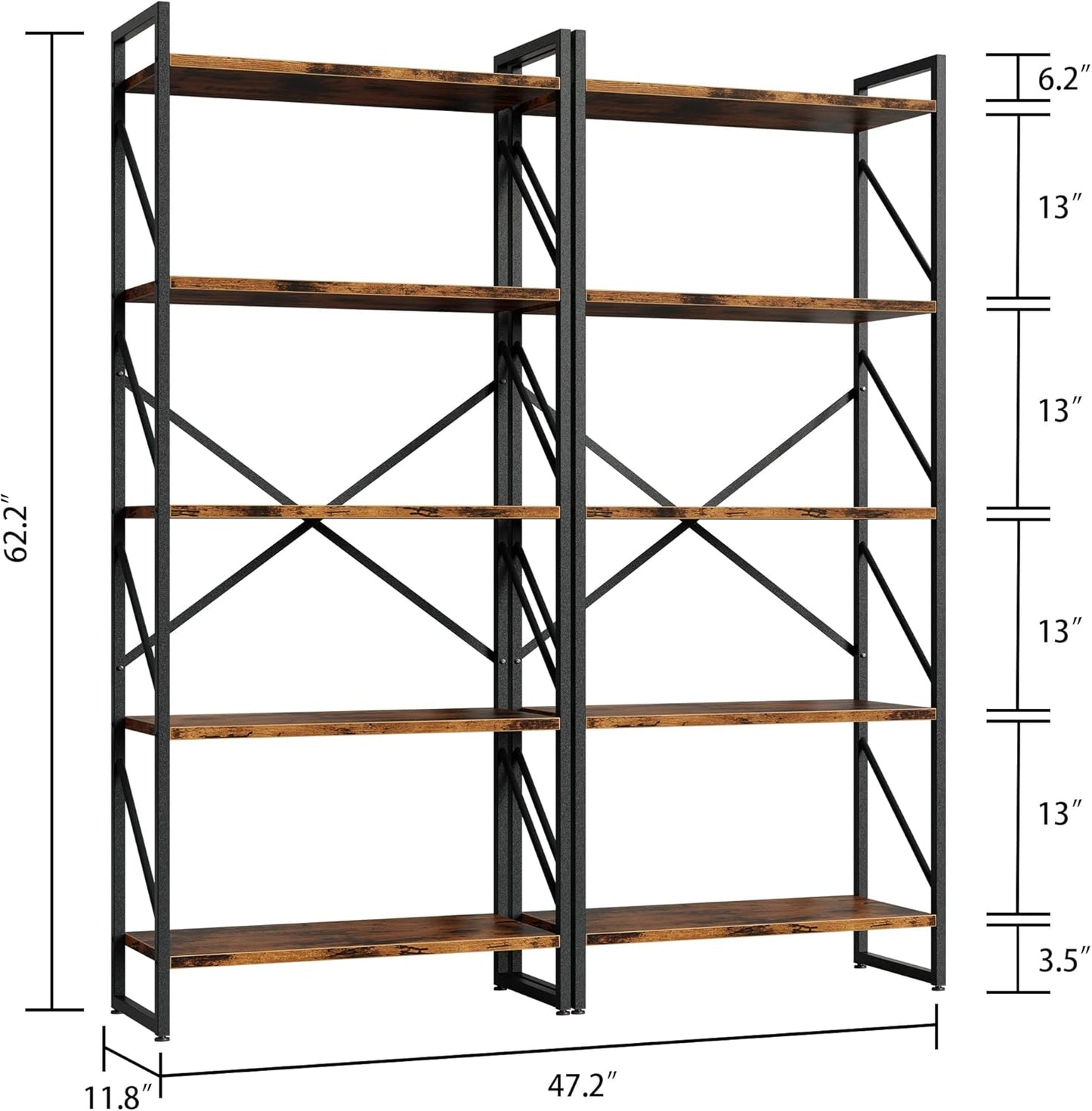 5 Tiers Bookshelf, Classically Tall Bookcase Shelf, Industrial Book Rack, Modern Book Holder in Bedroom/Living Room/Home/Office, Storage Rack Shelves for Books/Movies-Rustic Brown