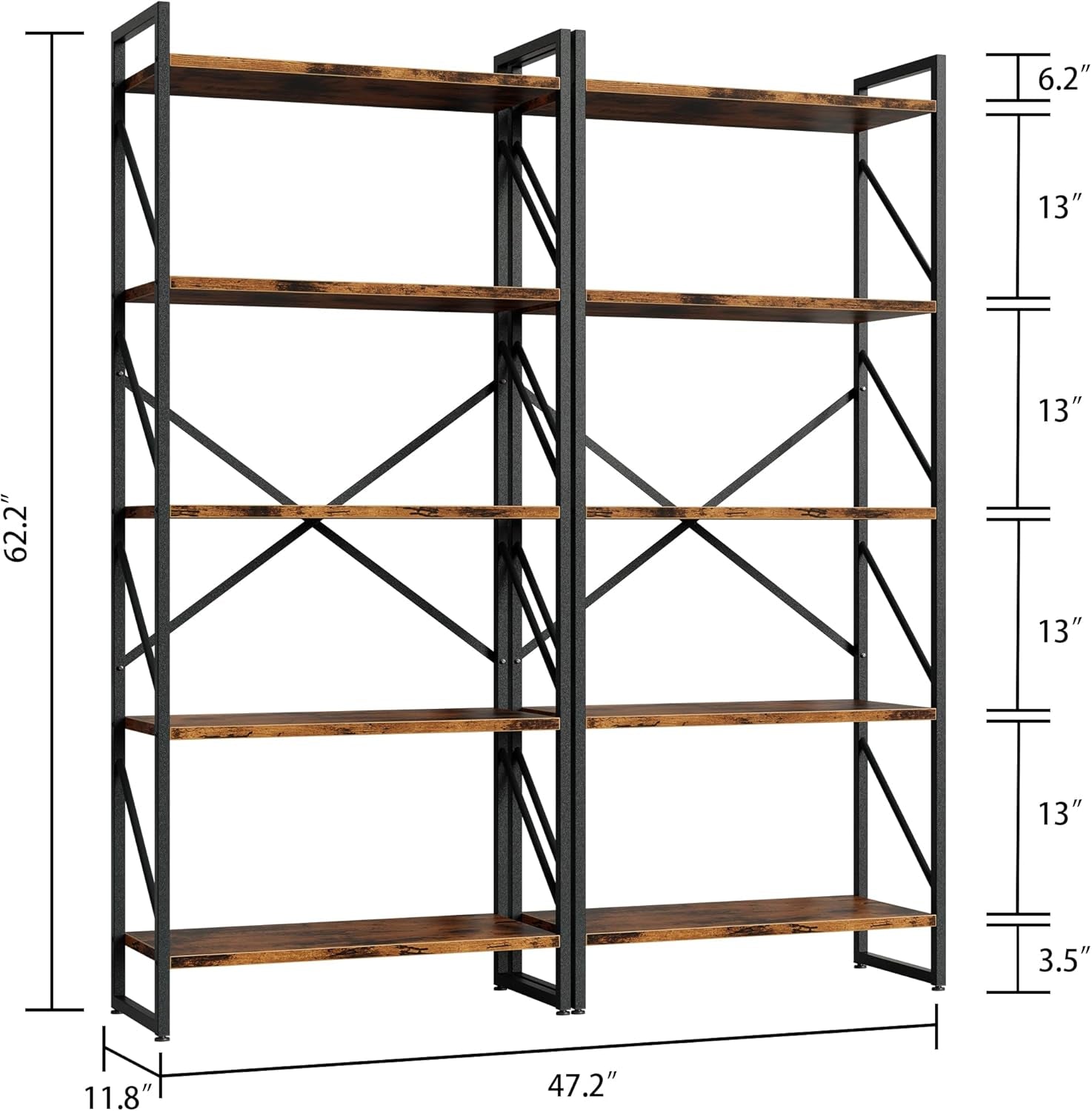 5 Tiers Bookshelf, Classically Tall Bookcase Shelf, Industrial Book Rack, Modern Book Holder in Bedroom/Living Room/Home/Office, Storage Rack Shelves for Books/Movies-Rustic Brown