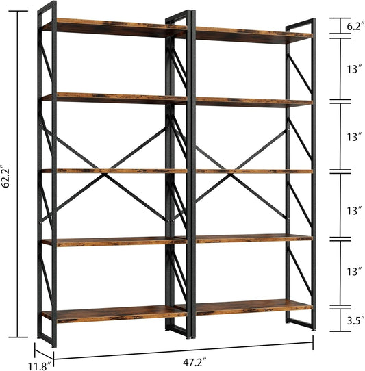 5 Tiers Bookshelf, Classically Tall Bookcase Shelf, Industrial Book Rack, Modern Book Holder in Bedroom/Living Room/Home/Office, Storage Rack Shelves for Books/Movies-Rustic Brown