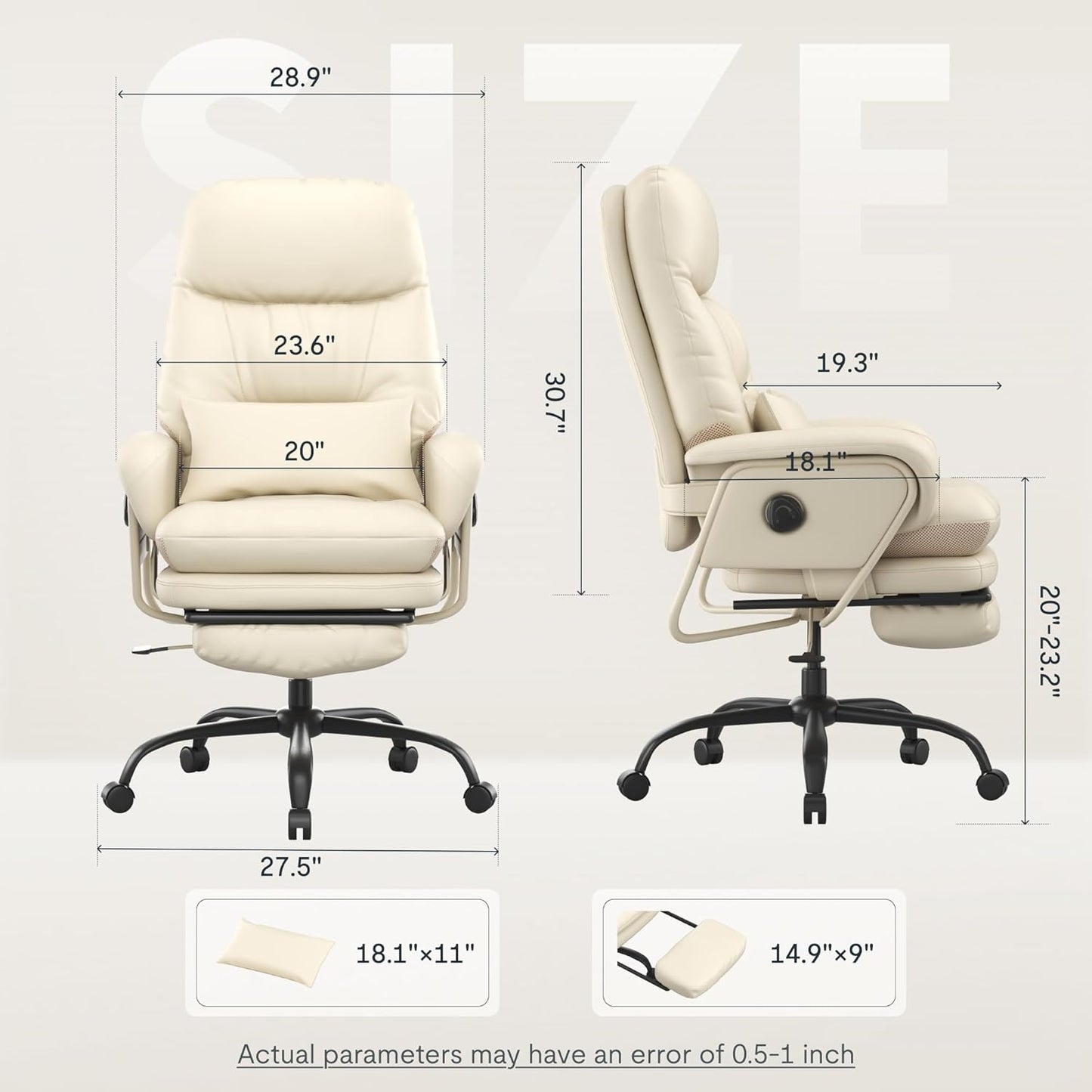 Luno 2-In-1 Chaise Lounge Chair Indoor with Wheels Footrest 90-165° Reclining Lumbar Support, Home Office Chairs for Living Room Bedroom Study Working Relaxing, Leather, Beige White