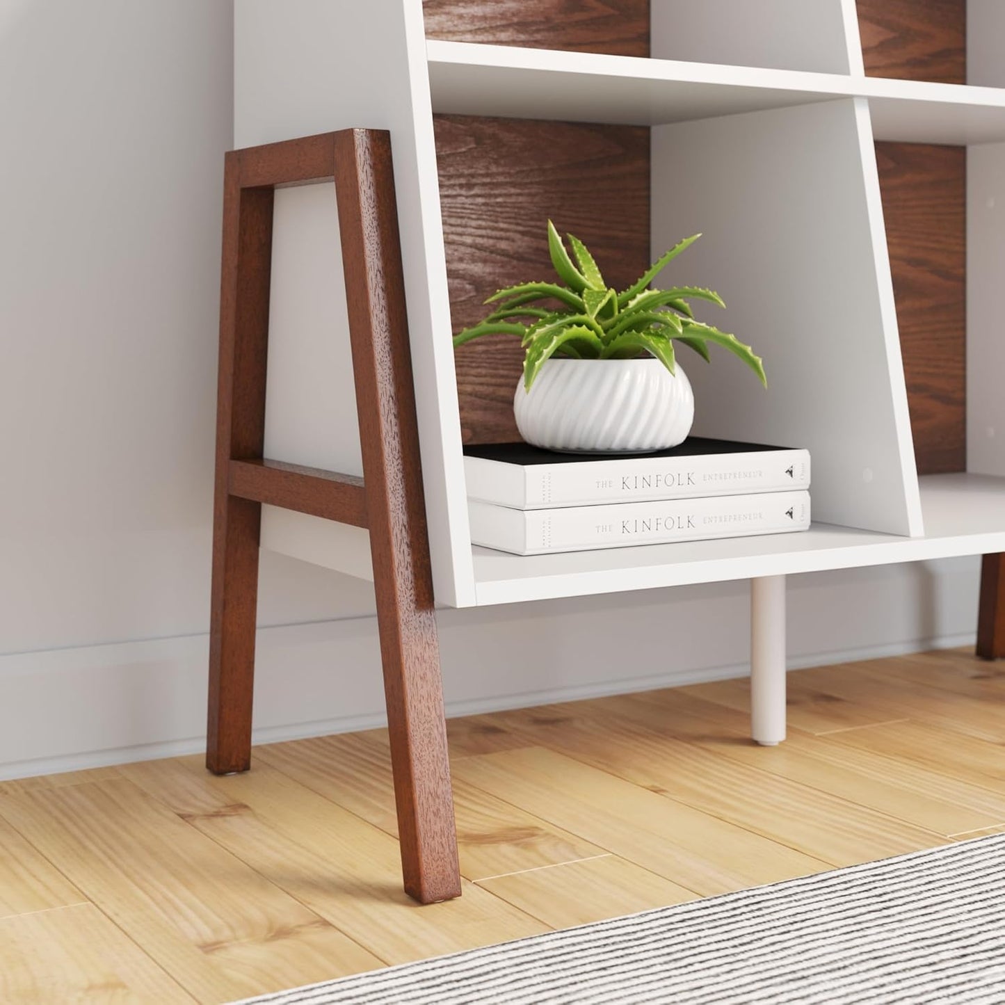 Telos 4-Cube White TV Stand with Open Cubby Shelf with Angled Design, Brown/Glossy White, Set of 2