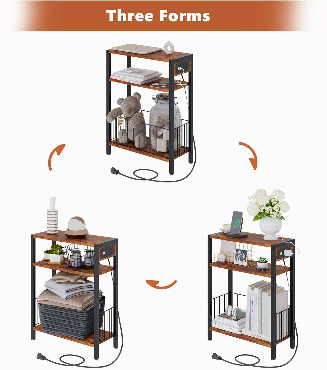 Narrow Side Table with Charging Station, Small End Table for Small Spaces, Slim Nightstand with Storage Basket, 3 Tier Skinny Bedside Table for Living Room, Bedroom, Rustic Brown