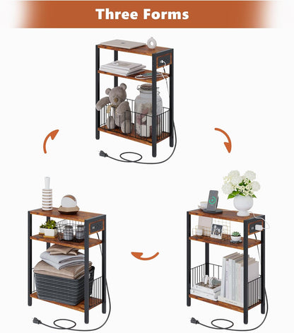 Narrow Side Table with Charging Station, Small End Table for Small Spaces, Slim Nightstand with Storage Basket, 3 Tier Skinny Bedside Table for Living Room, Bedroom, Rustic Brown