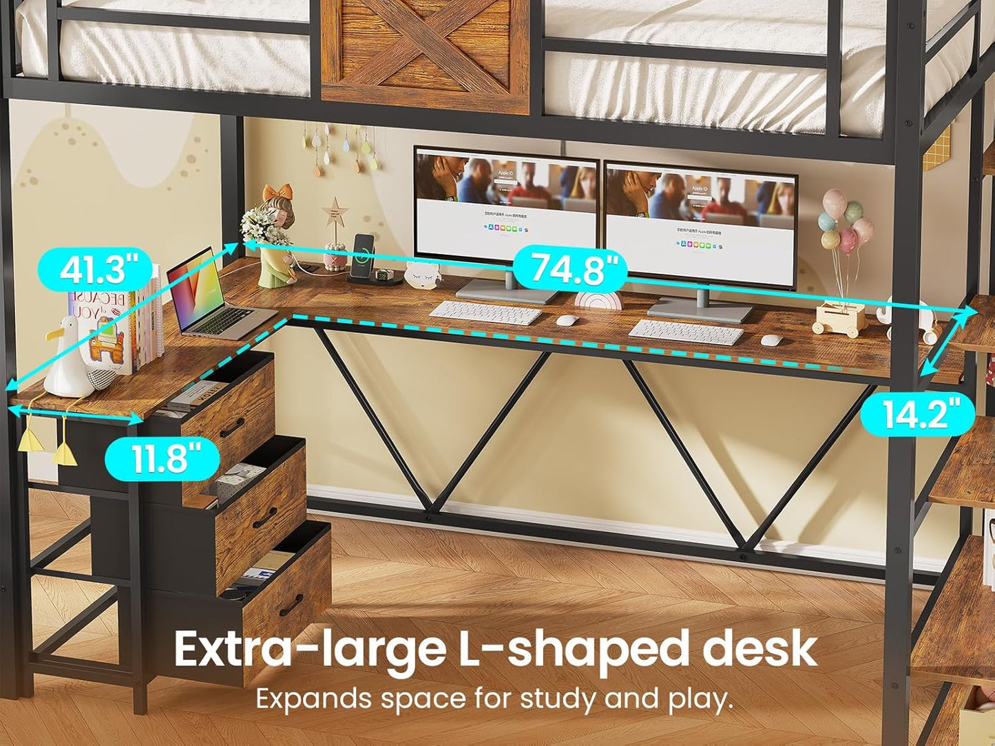 Stairway Twin Size Loft Bed with L Shaped Desk and Wardrobe, Metal Loft Bed Frame with Storage Stairs, 3 Fabric Drawers, LED Lights & Charging Sation, Rustic Brown