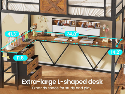 Stairway Twin Size Loft Bed with L Shaped Desk and Wardrobe, Metal Loft Bed Frame with Storage Stairs, 3 Fabric Drawers, LED Lights & Charging Sation, Rustic Brown