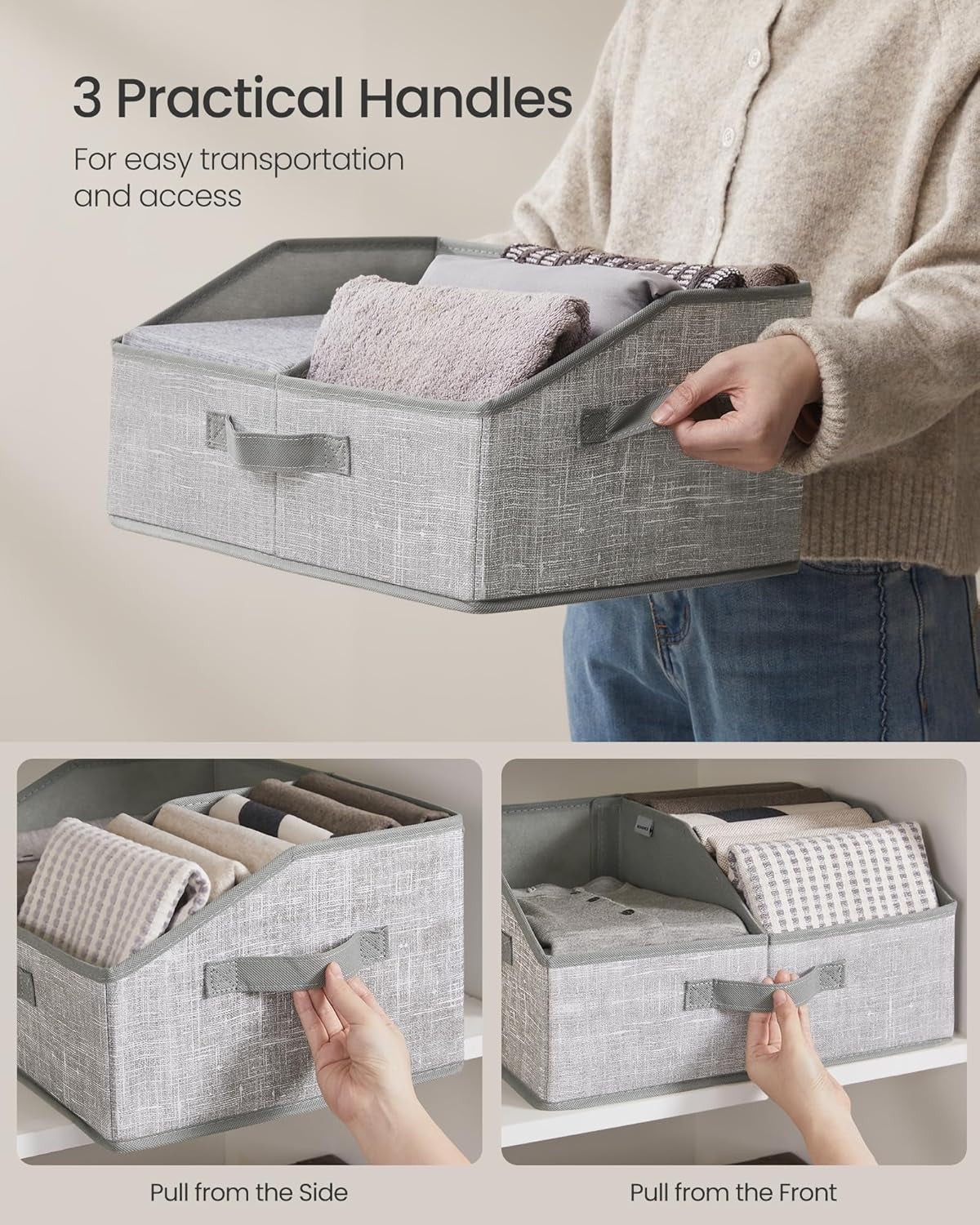 Set of 6 Storage Baskets, Foldable Storage Bins, Fabric Boxes, 15.7 X 11.8 X 7.9 Inches, Closet Storage Organizers, 3 Handles, for Bedroom, Living Room, Cattail Gray URFB0140G01