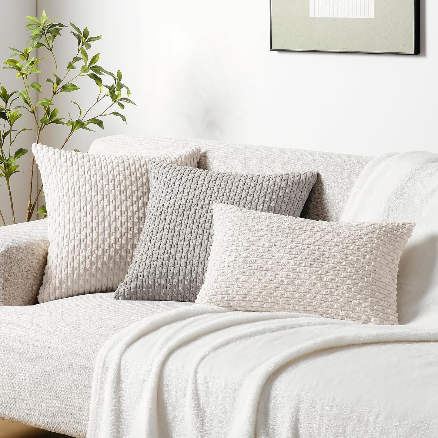 Throw Pillow Covers 18X18 Inch, Set of 2, Soft Corduroy Boho Stripe Decorative Pillow Cover, Couch Fluffy Pillow Cover for Farmhouse Home Decor Bed Living Room, Beige