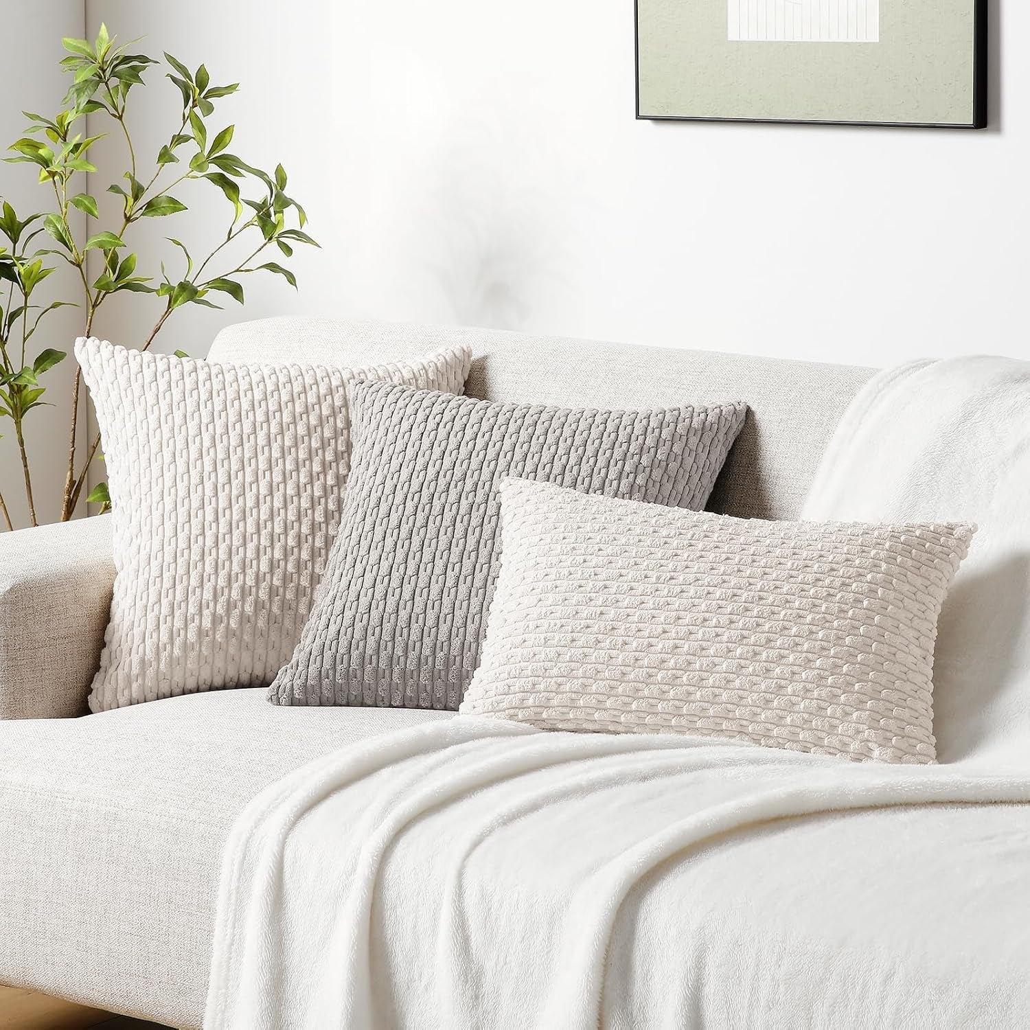 Throw Pillow Covers 18X18 Inch, Set of 2, Soft Corduroy Boho Stripe Decorative Pillow Cover, Couch Fluffy Pillow Cover for Farmhouse Home Decor Bed Living Room, Beige