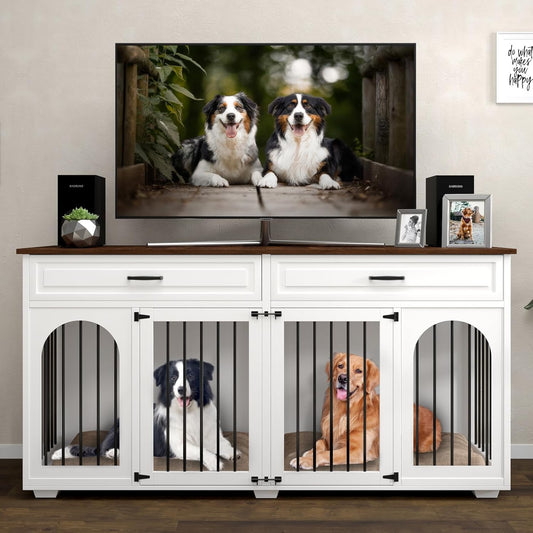 Large Dog Crate Furniture,74.8" Wooden Double Dog Kennel Cage Furniture Indoor for 2 Large Medium Dogs TV Stand with Divider and 2 Drawers,White