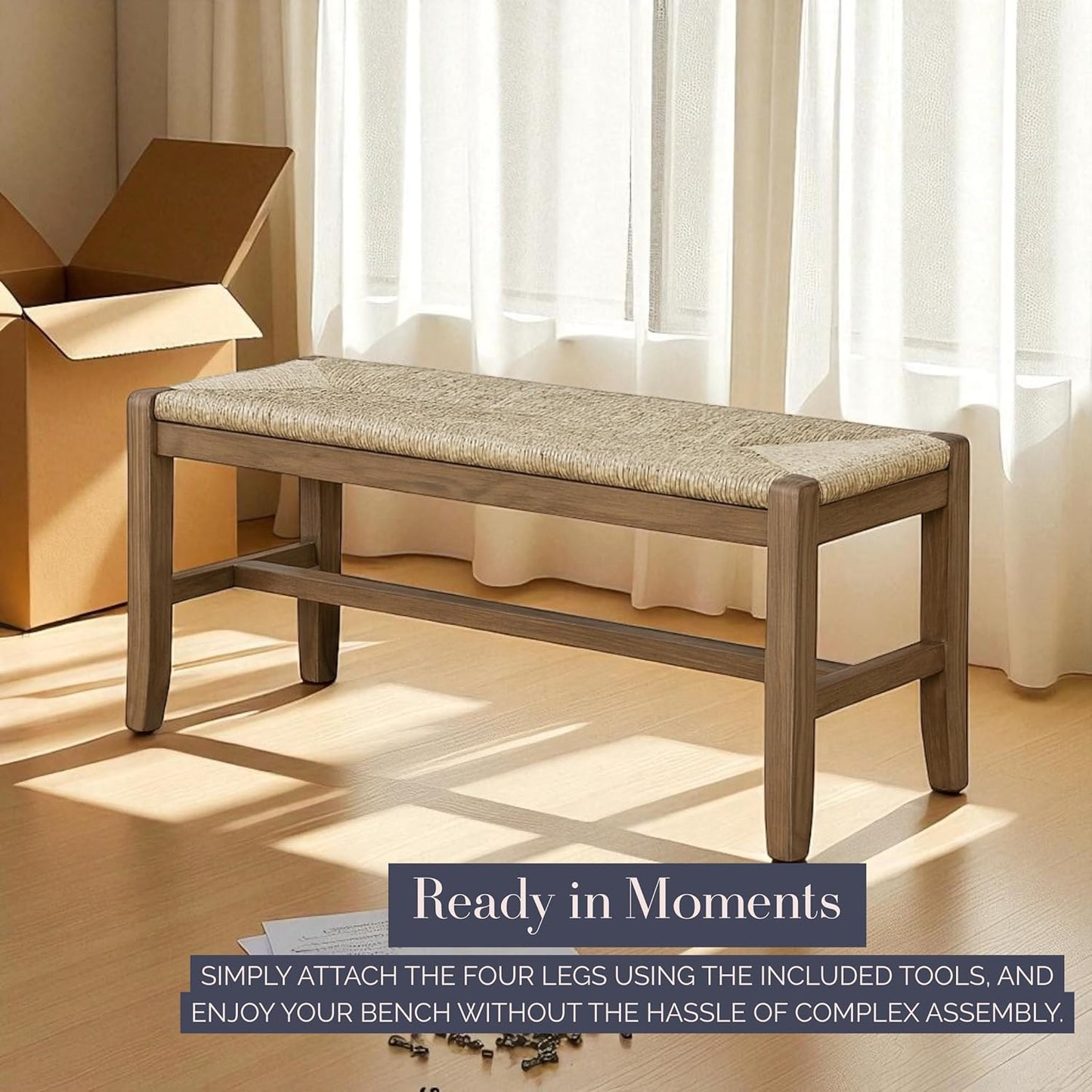 Newport 40 Inch Solid Wood Entryway Bench - Modern Farmhouse Indoor Decorative Bench with Natural Seagrass Rush Seat - Furniture for Entryway, Dining Room, or Kitchen (Natural)