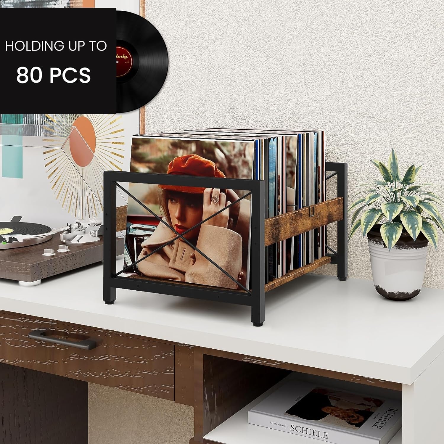 Vinyl Record Holder, Wooden Record Crate Fits 7” -12” Records, Vinyl Shelf Holds up to 50-100 Albums, Dvds, Cds or Files Wood Book Storage Stand Desktop Organizer Box, Rustic Brown