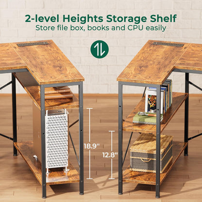 L Shaped Office Desk with Power Outlets, 55 Inch Computer Desk with 3 Drawers, Shelves, Reverisble for Gaming Corner Work Home Office Study, Rustic Brown
