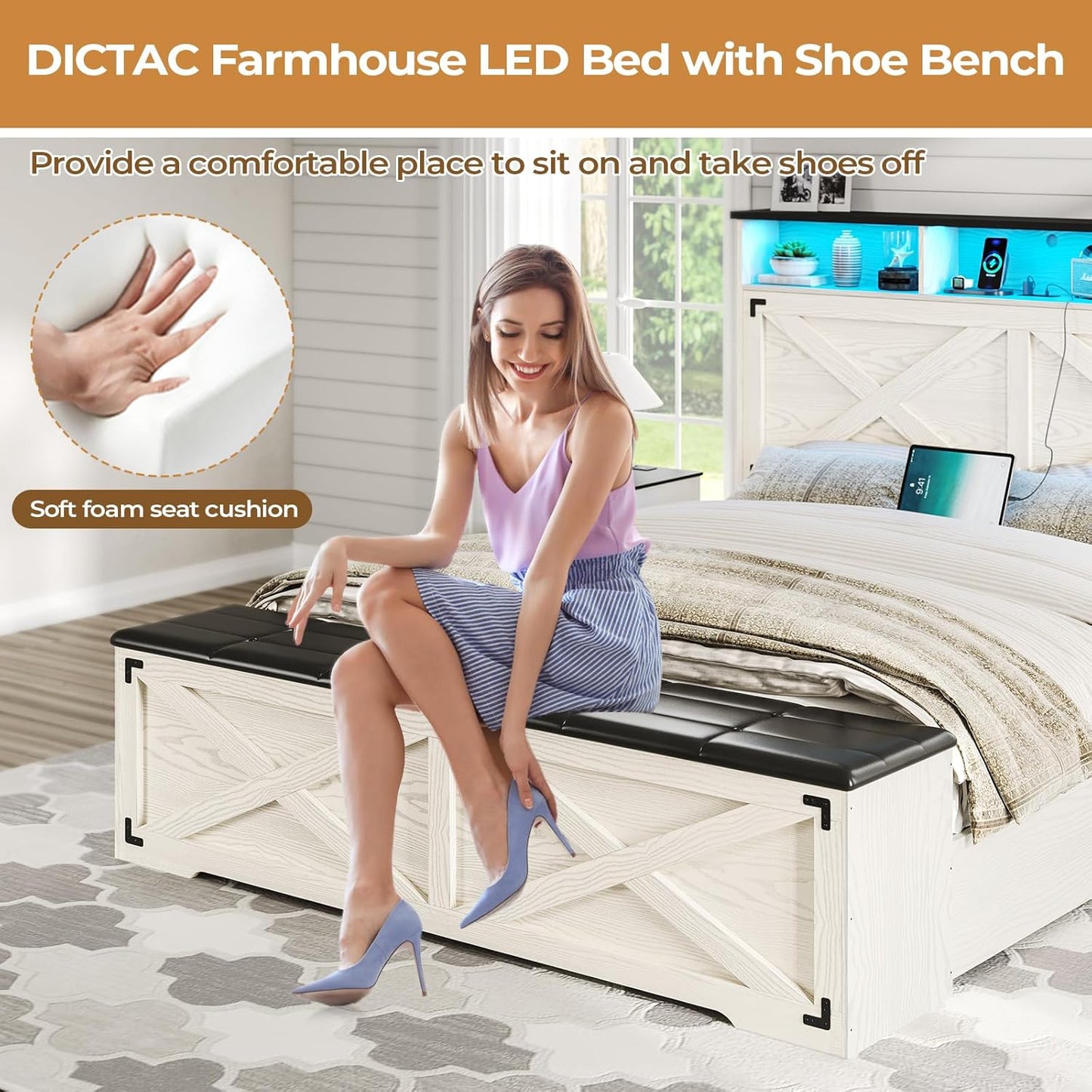 Farmhouse Queen Bed Frame with Storage Headboard, Charging Station and LED Lights Queen Size Platform Bed Frame with Storage Ottoman, Metal Slats Support, No Box Spring Needed, Antique White